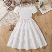 Boho Dress for Girls Short Sleeve A-line Summer Holiday Birthday Formal Midi Dresses White, Size 8-13 Years